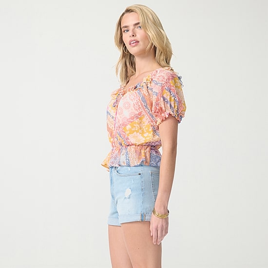 JS Jessica Simpson Womens Split Tie Neck Short Sleeve Peplum Top
