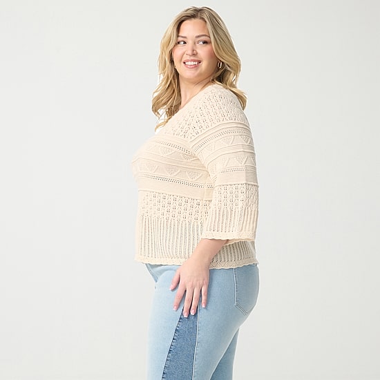 JS Jessica Simpson Plus Womens Round Neck 3/4 Sleeve Pullover Sweater