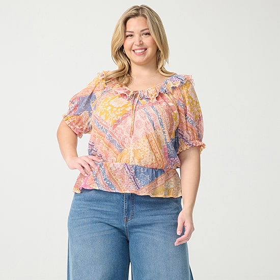JS Jessica Simpson Womens Plus Split Tie Neck Short Sleeve Peplum Top