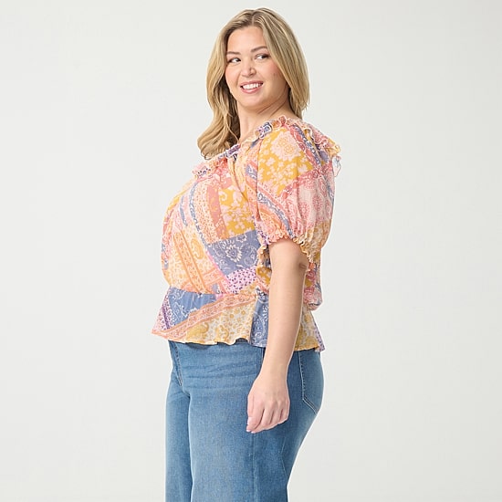 JS Jessica Simpson Womens Plus Split Tie Neck Short Sleeve Peplum Top