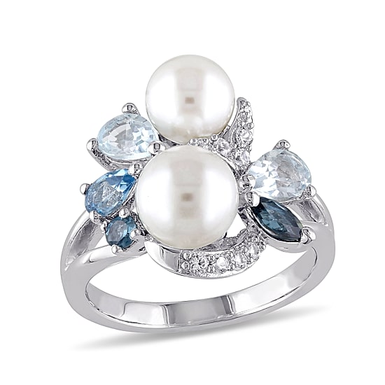 Cultured Freshwater Pearl, Genuine London and Sky Blue Topaz Ring