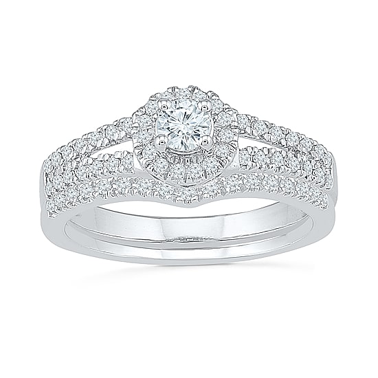 Womens 1/2 CT. T.W. Natural White Diamond 10K Gold Round Side Stone Halo Bridal Set