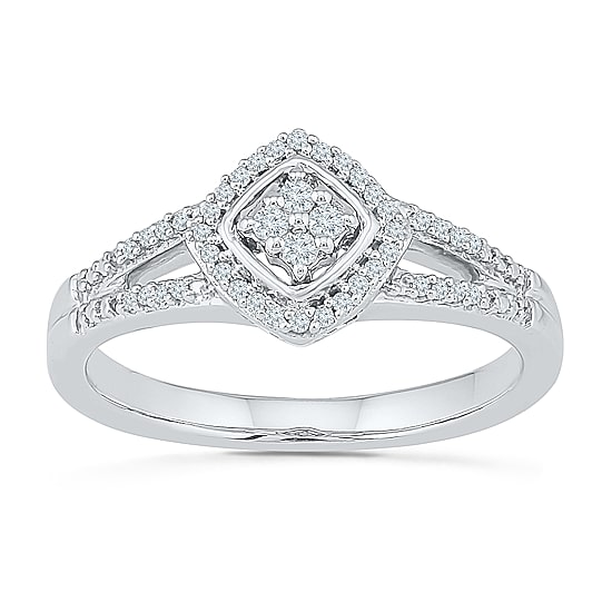Promise My Love Womens 1/6 CT. T.W. Natural White Diamond Sterling Silver Cushion Side Stone Halo Promise Ring