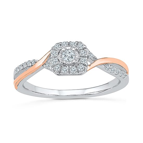 Promise My Love Womens 1/5 CT. Natural White Diamond 10K Rose Gold Over Silver Sterling Silver Cushion Bypass  Halo Promise Ring