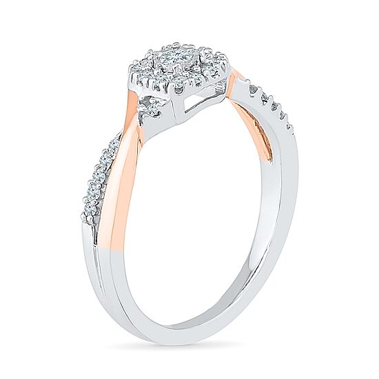 Promise My Love Womens 1/5 CT. Natural White Diamond 10K Rose Gold Over Silver Sterling Silver Cushion Bypass  Halo Promise Ring