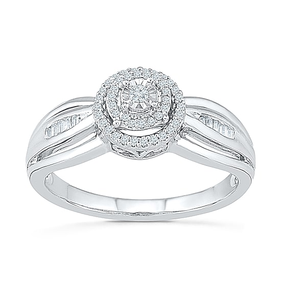 Promise My Love Womens 1/6 CT. T.W. Natural White Diamond Sterling Silver Round Side Stone Halo Promise Ring