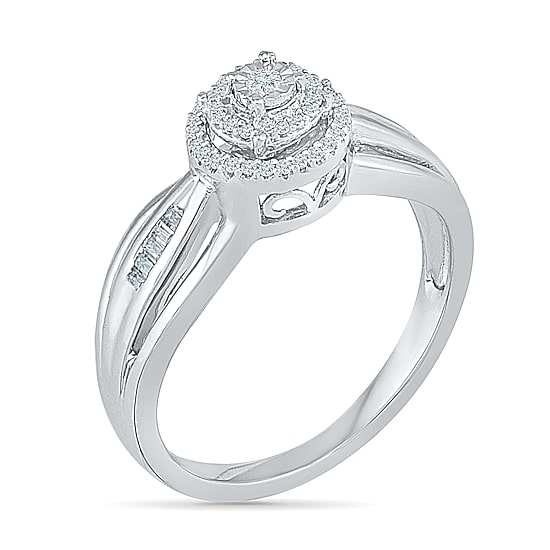 Promise My Love Womens 1/6 CT. T.W. Natural White Diamond Sterling Silver Round Side Stone Halo Promise Ring