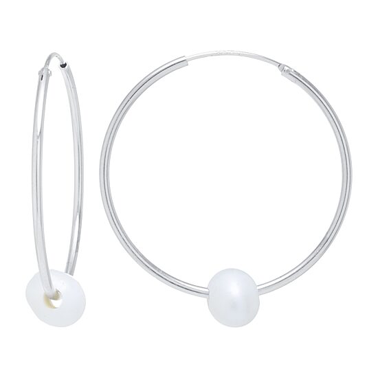 Silver Treasures Womens Cultured Freshwater Pearl Sterling Silver 35mm Hoop Earrings