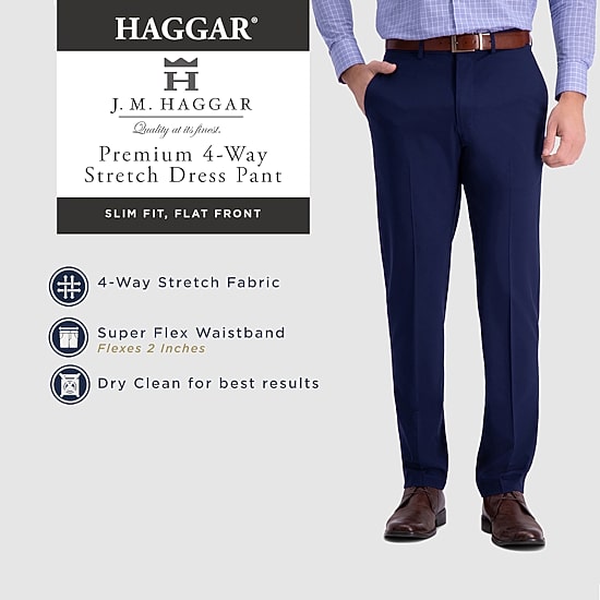 Haggar JMH Premium Stretch Mens Comfort Waistband Slim Fit Dress Flat Front Pant