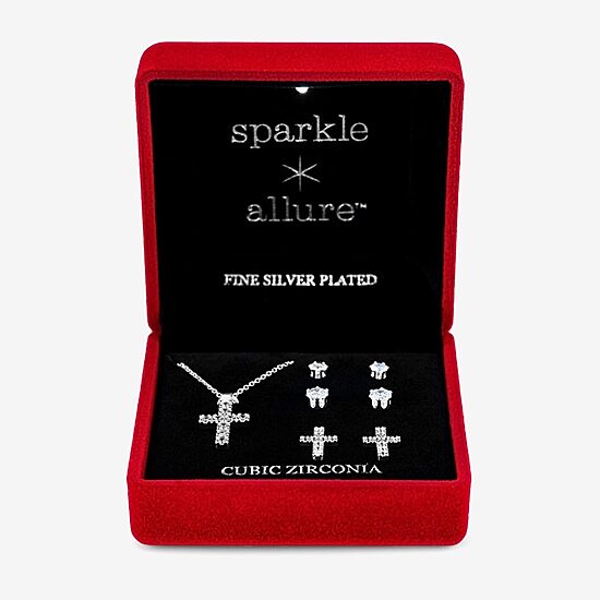 Sparkle Allure Light Up Box Womens Cubic Zirconia Pure Silver Over Brass Cross 4-pc. Jewelry Set