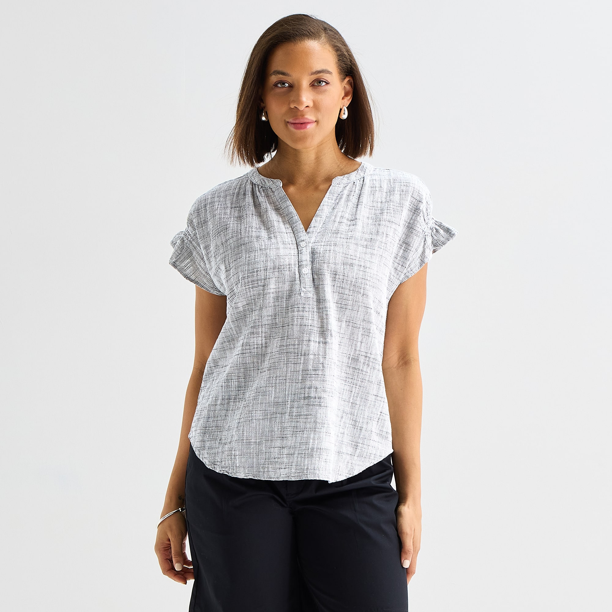 Liz Claiborne Womens Split Crew Neck Short Sleeve Blouse