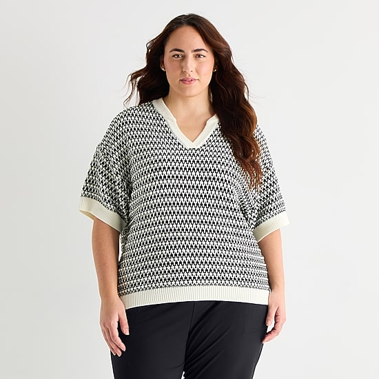 Stylus Plus Womens V Neck Elbow Sleeve Pullover Sweater