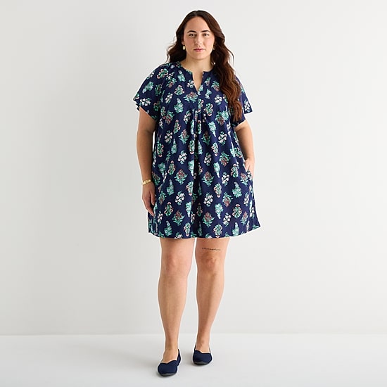 St. John's Bay Womens Plus Split Crew Neck Short Sleeve Sheath Dress