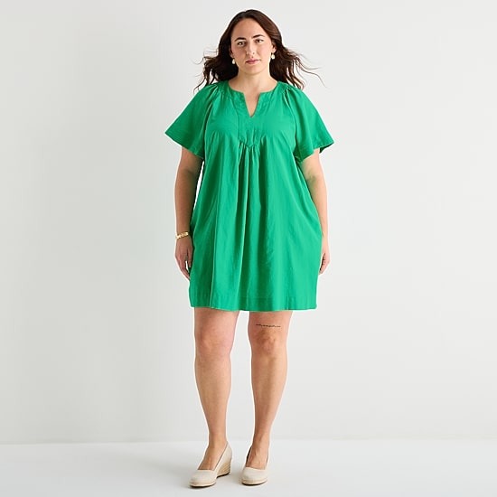 St. John's Bay Womens Plus Split Crew Neck Short Sleeve Sheath Dress
