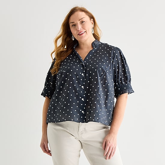 Liz Claiborne Womens Plus Mock Neck Short Sleeve Blouse