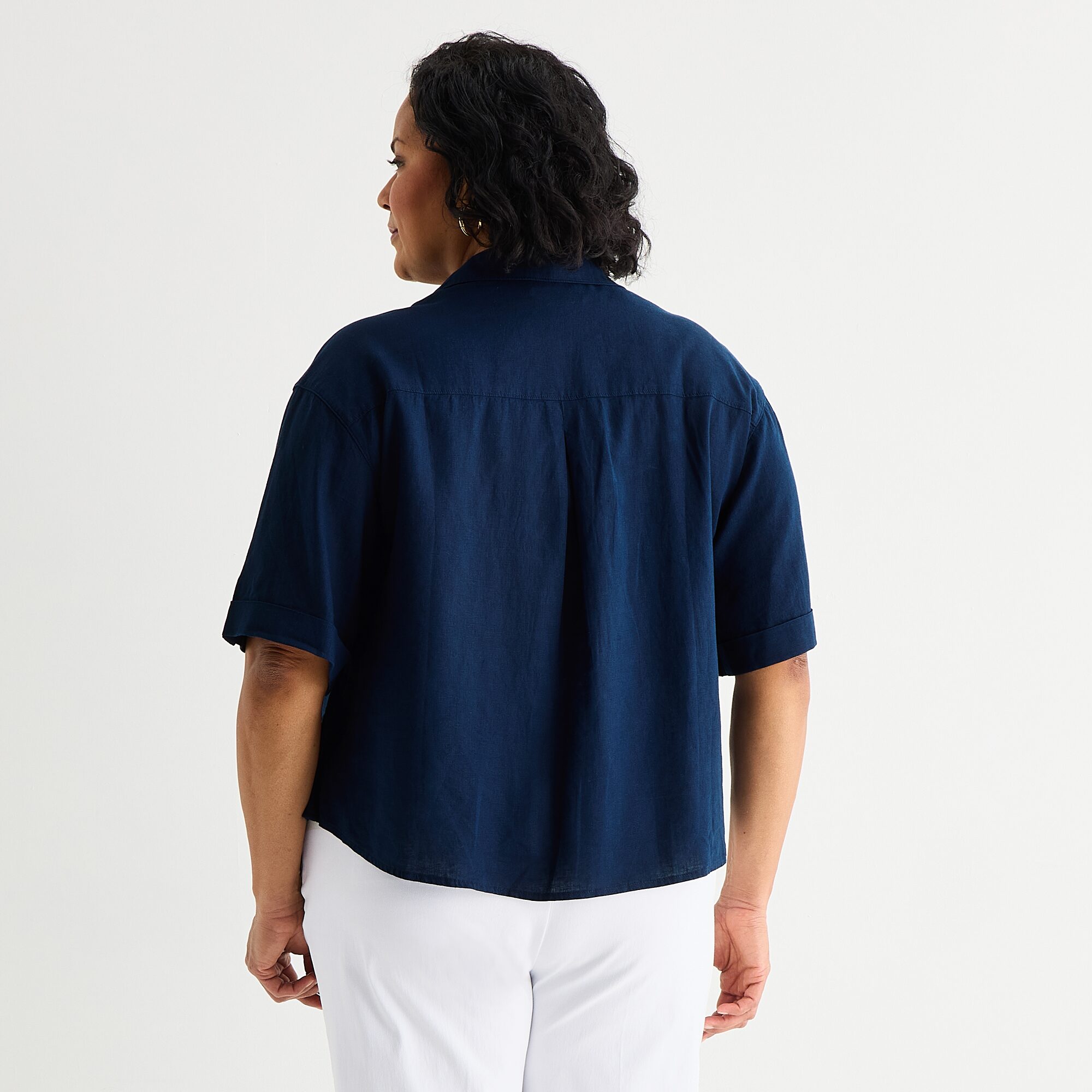 Liz Claiborne Linen Womens Plus Roll Tab Short Sleeve Regular Fit Button-Down Shirt