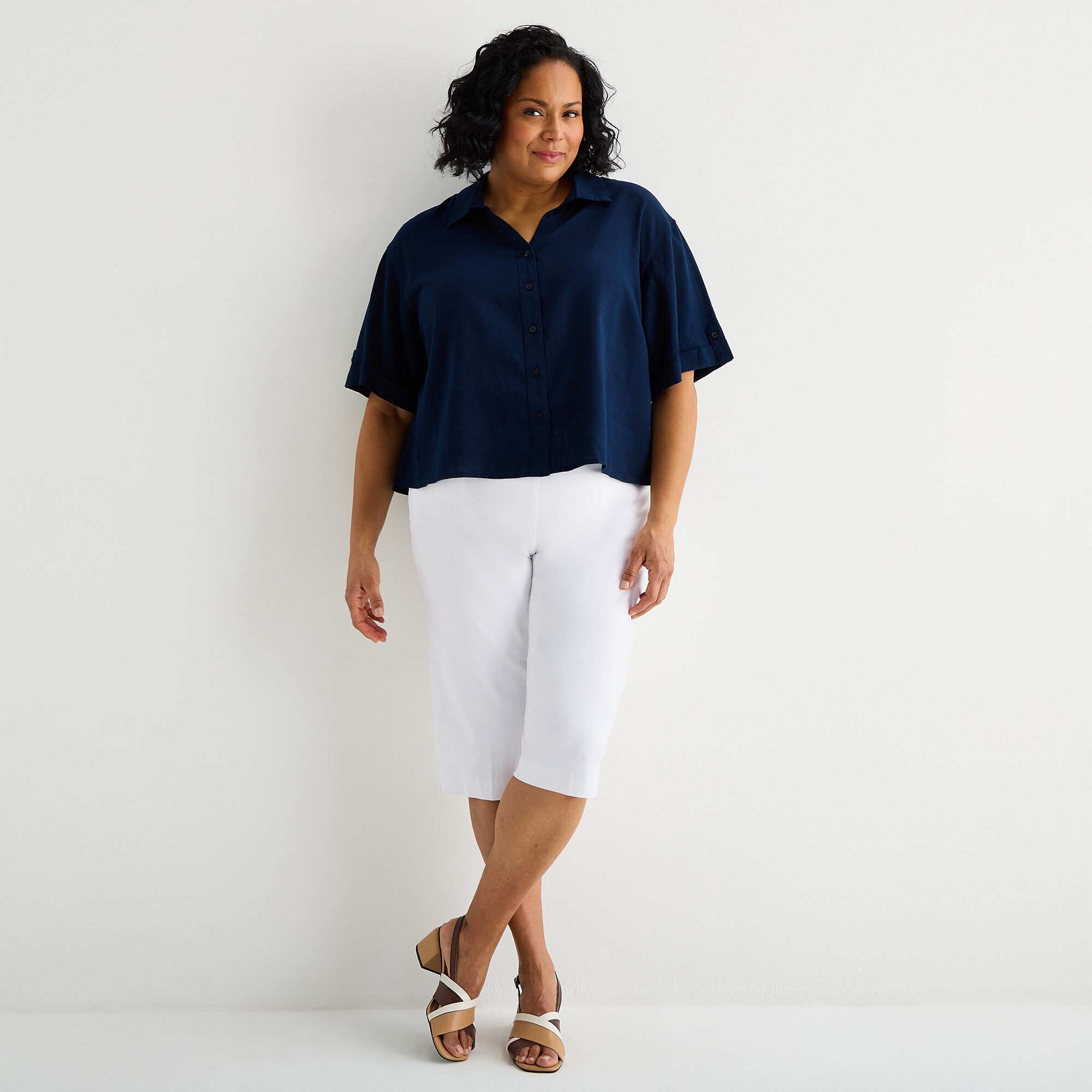 Liz Claiborne Linen Womens Plus Roll Tab Short Sleeve Regular Fit Button-Down Shirt