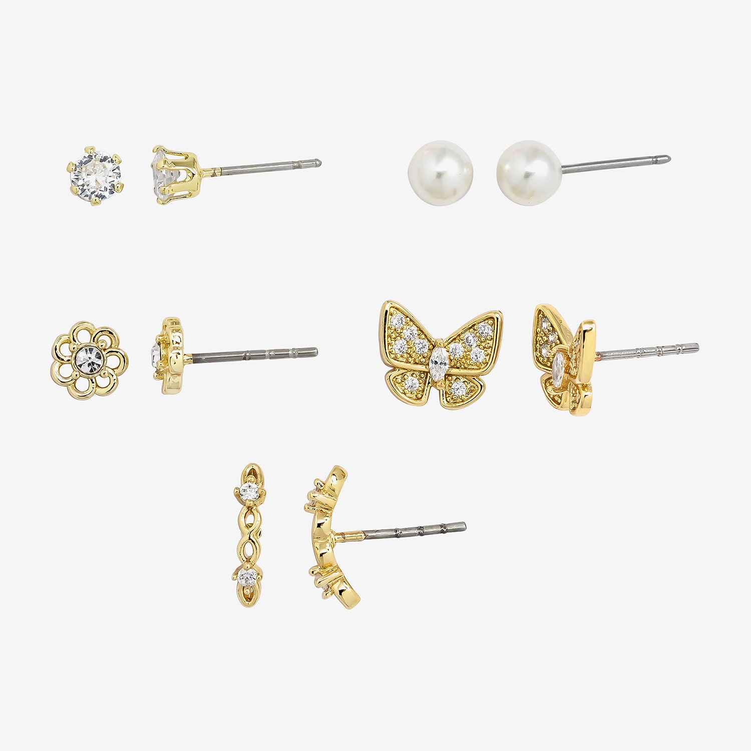 Sparkle Allure Womens Simulated Pearl 14K Gold Over Brass Butterfly Flower 5 Pair Earring Set