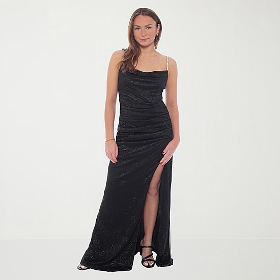 Jump Apparel Womens Juniors Draped Neck Sleeveless Glitter Bodycon Dress