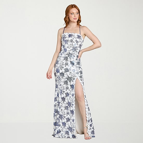 Morgan & Co. Womens Juniors Scallop Neck Short Sleeve Sequin Floral Bodycon Dress