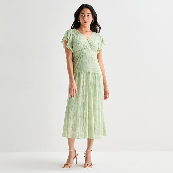 Rabbit Rabbit Rabbit Design Womens Short Sleeve Lace Midi Fit + Flare Dress