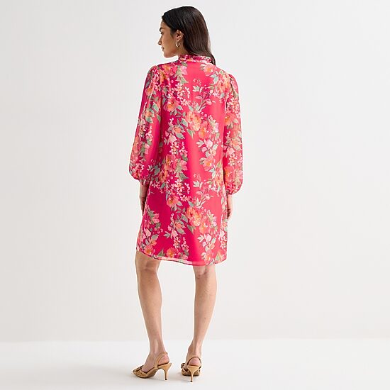 Jessica Howard Womens Split Tie Neck Long Sleeve Floral Shift Dress