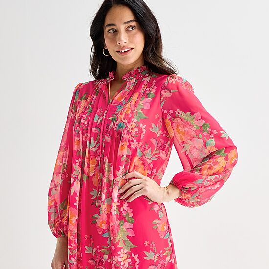 Jessica Howard Womens Split Tie Neck Long Sleeve Floral Shift Dress