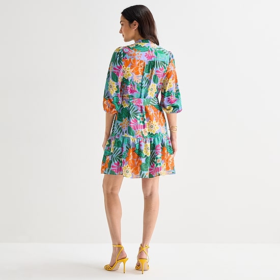 Willow Glenn Womens V Neck 3/4 Sleeve Balloon Floral Fit + Flare Dress