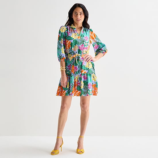 Willow Glenn Womens V Neck 3/4 Sleeve Balloon Floral Fit + Flare Dress