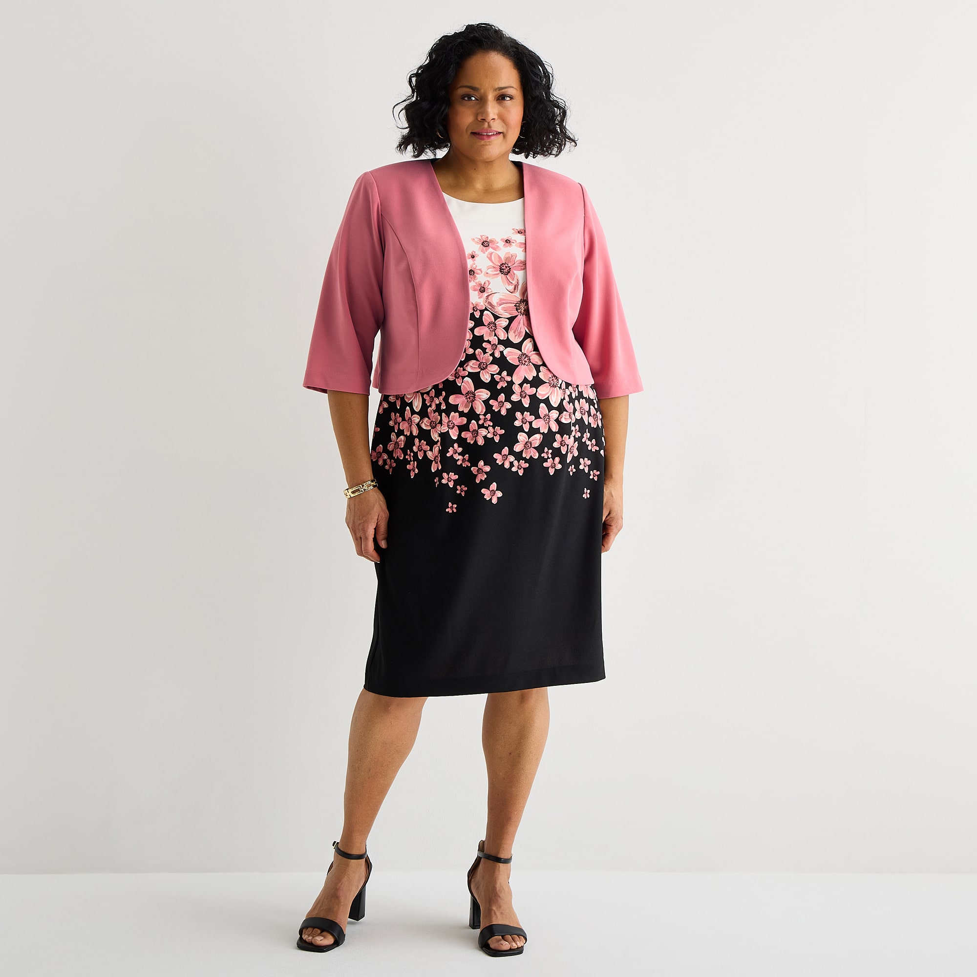 Maya Brooke Womens Plus Fitted Floral Jacket Dress