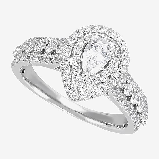 Limited Quantities! (G-I / I1) Womens 1 CT. T.W. Natural White Diamond 14K Gold Pear Side Stone Halo Engagement Ring