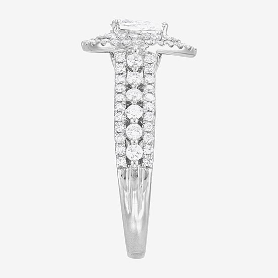 Limited Quantities! (G-I / I1) Womens 1 CT. T.W. Natural White Diamond 14K Gold Pear Side Stone Halo Engagement Ring