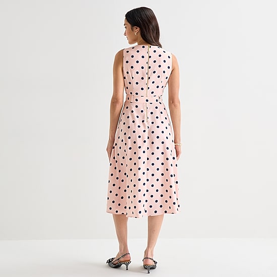 Marc New York Womens Midi Round Neck Sleeveless Polka Dot Fit + Flare Dress