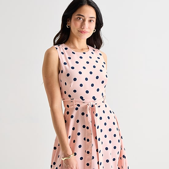 Marc New York Womens Midi Round Neck Sleeveless Polka Dot Fit + Flare Dress