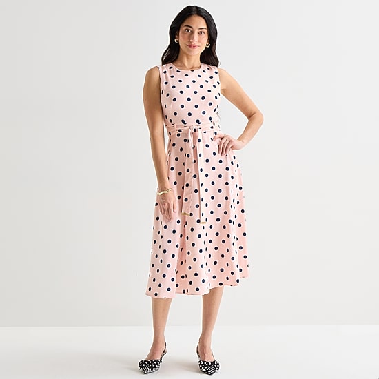 Marc New York Womens Midi Round Neck Sleeveless Polka Dot Fit + Flare Dress