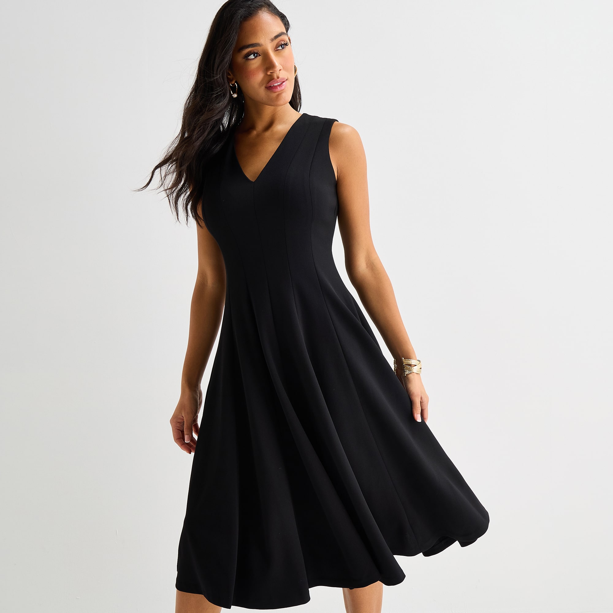 Marc New York Womens Midi V Neck Sleeveless Fit + Flare Dress