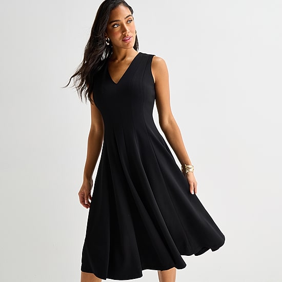 Marc New York Womens Midi V Neck Sleeveless Fit + Flare Dress