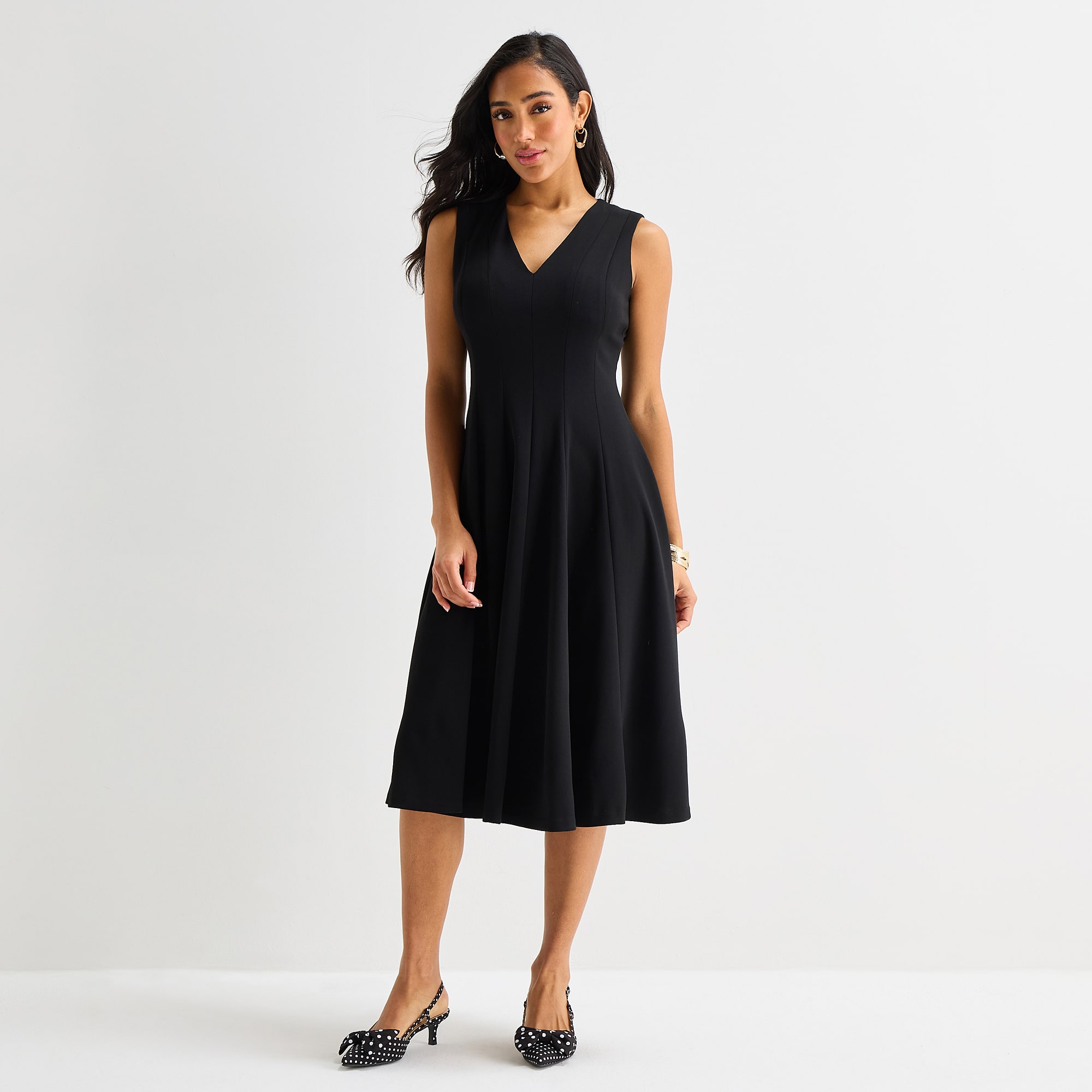 Marc New York Womens Midi V Neck Sleeveless Fit + Flare Dress