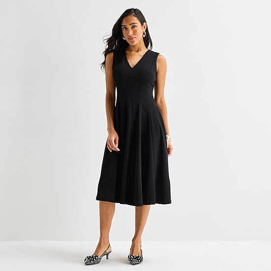 Marc New York Womens Midi V Neck Sleeveless Fit + Flare Dress