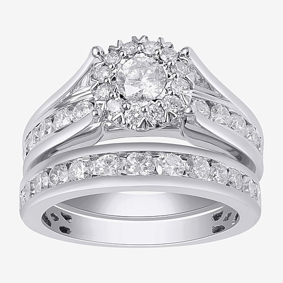 (G, Si2) Womens 2 CT. T.W. Lab Grown White Diamond 10K Gold Round Side Stone Halo Bridal Set