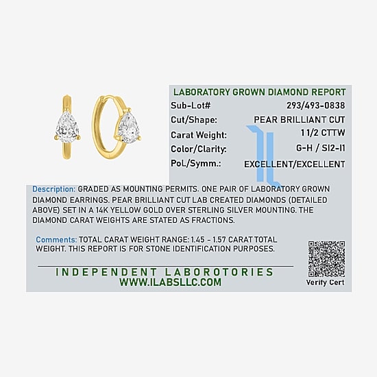 Diamond Addiction (G-H / Si2-I1) Womens 1 1/2 CT. T.W. Lab Grown White Diamond 14K Gold Over Silver 14mm Pear Hoop Earrings