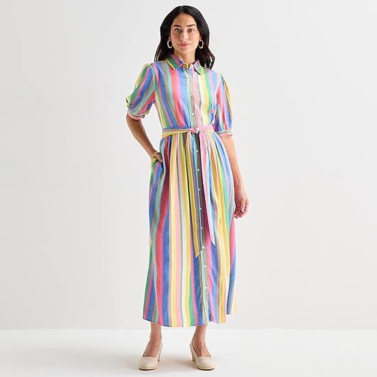 multi coloured striped shirt dress Cute Rainbow Striped Dress - Long Sleeve Dress - Shirt Dress