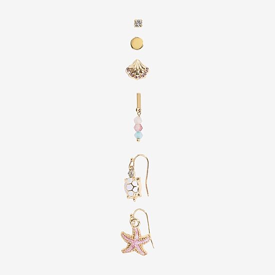 Arizona Gold Tone Starfish Turtle Womens 6 Pair Earring Set