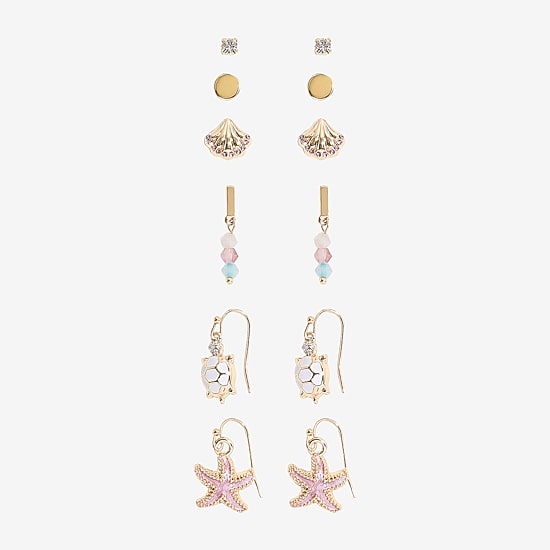 Arizona Gold Tone Starfish Turtle Womens 6 Pair Earring Set