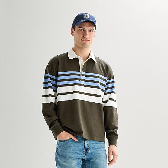 Arizona Mens Long Sleeve Regular Fit Button Down Collar Striped Rugby Shirt