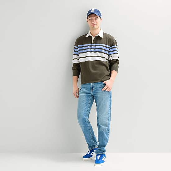 Arizona Mens Long Sleeve Regular Fit Button Down Collar Striped Rugby Shirt