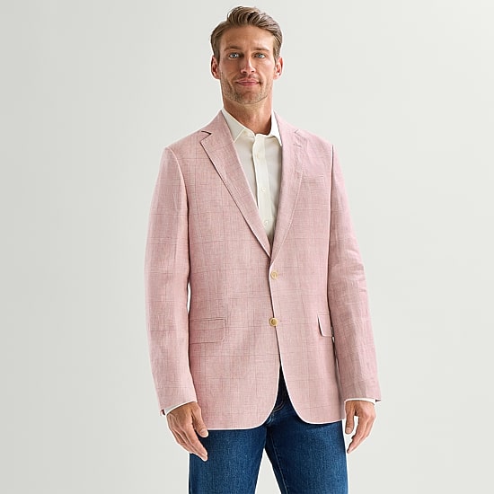 Stafford Linen Cotton Blend Mens Plaid Classic Fit Sport Coat