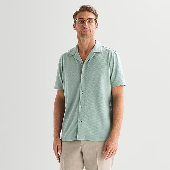 Stafford Diamond Texture Knit Mens Short Sleeve Regular Fit Button-Down Shirt