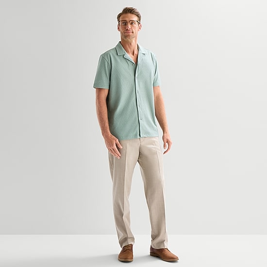 Stafford Diamond Texture Knit Mens Short Sleeve Regular Fit Button-Down Shirt