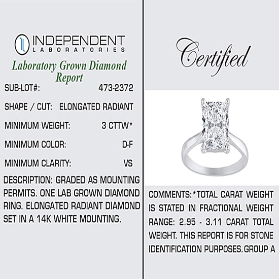 (H-I / SI2) Womens 3 CT. Lab-Grown White Diamond 14K Gold Radiant-Cut Solitaire Engagement Ring